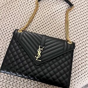 Yves Saint Laurent Black and Gold Quilted Envelope Shoulder Bag in Large